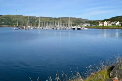 a bunch of boats are docked in a harbor at Craobh Marina Cottages in Craobh Haven
