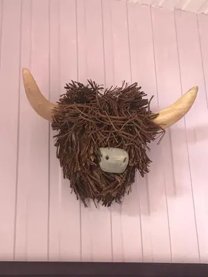 a stuffed animal with horns on a wall at Thistle House Guest House in Saint Catherines