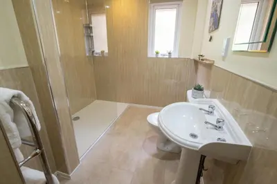 a bathroom with a sink and a shower at Birchbrae Highland Lodges in Onich
