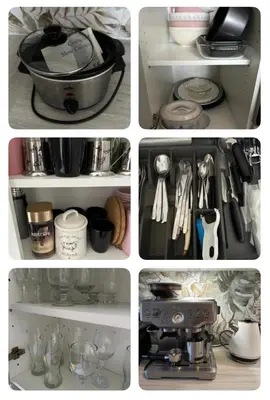 a collage of photos of a refrigerator with a pot and pans at Stunning 2 bedroom apartment in Glasgow
