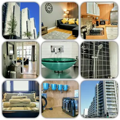 a collage of different pictures of a building at Elegant Apartment Near SECC/HYDRO in Finnieston, Glasgow in Glasgow