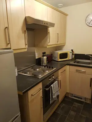 a small kitchen with a stove and a microwave at Livingston Business and Contractor Apartment in Livingston