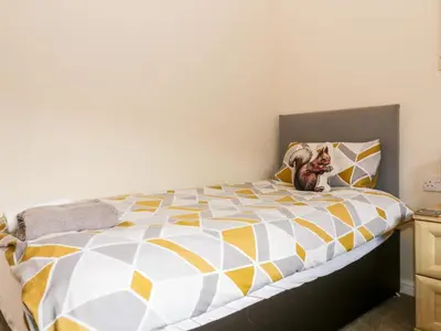 a bedroom with a bed with a dog sitting on it at The Wee Lodge in Glendevon