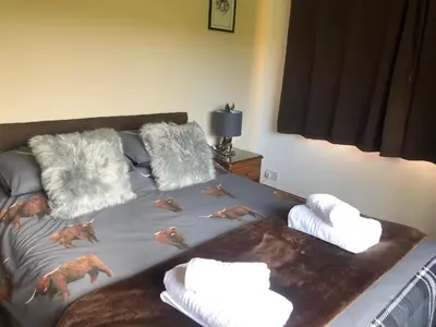 a bed with a blanket with dogs on it at The Woolly Rock in North Ballachulish