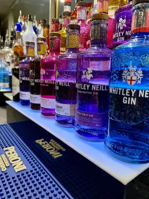 a display of bottles of gin on a shelf at The Famous Star Hotel Moffat in Moffat