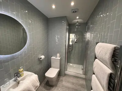 a bathroom with a shower and a toilet and a sink at The Valentine - Townhouse Hotel - Adults Only in Edinburgh
