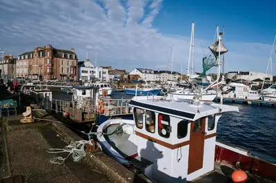 a boat is docked in a harbor with other boats at The Royal Hotel Campbeltown in Campbeltown