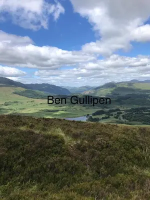 a view of a hill with the words ben guillivan at The old post office Callander holiday let in Callander