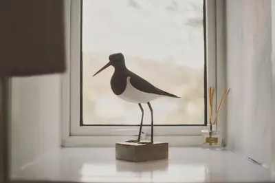 a statue of a bird standing on a block in front of a window at Heatherfield House in Oban