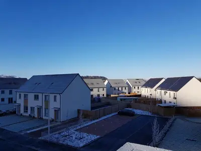 an aerial view of a row of houses at 5 Royal View Apartments in Stirling