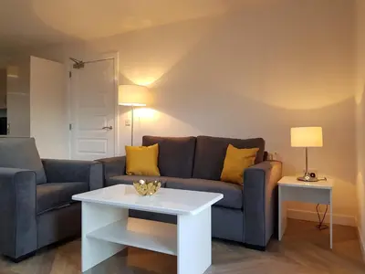 a living room with a couch and a table at 7 Royal View Apartments in Stirling