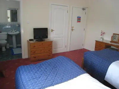 a bedroom with a bed and a television and a sink at Herdshill Guest House in Wishaw