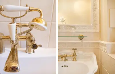 a bathroom with a sink and a gold faucet at Bankton Rooms & Lodges in Livingston