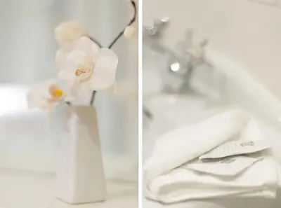 two pictures of a white vase with flowers on a sink at Edinburgh Church Apartments in Edinburgh