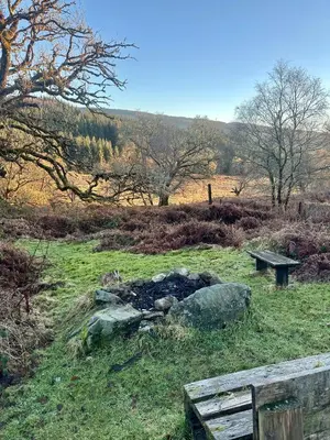 a park with a bench and rocks and trees at The Nest Glamping Pod in Dalmally
