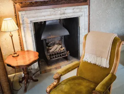 a living room with a chair and a fireplace at Thackray House in Callander