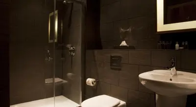 a bathroom with a shower and a toilet and a sink at Orocco Pier in Queensferry
