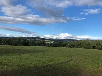 a green field with trees and a cloudy sky at Whiteley’s Cottages studio in Dumbarton