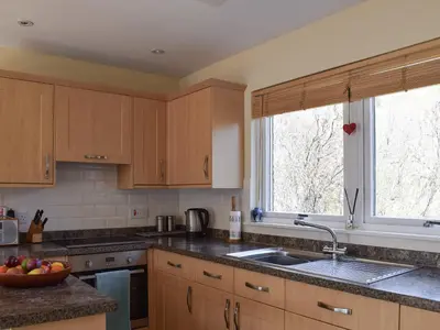 a kitchen with wooden cabinets and a sink at Lochearnside Lodge in Saint Fillans
