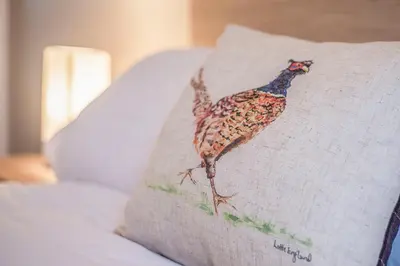 a pillow with a chicken painted on it on a bed at ArcView - SEC Hydro Two Bed Flat With Free parking and Great View in Glasgow