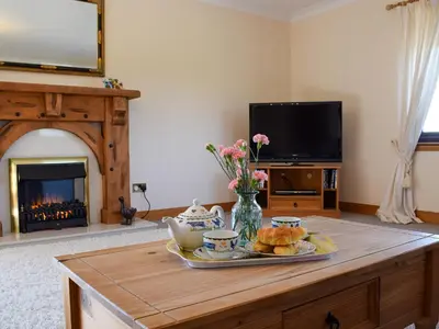 a living room with a coffee table with a fireplace at Lawford Lodge in Bonnybridge
