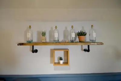 a shelf with bottles and potted plants on a wall at Craiglockhart Lodge in Edinburgh
