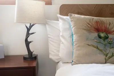 a bedroom with a bed with a pillow and a lamp at Cardross Inn in Cardross