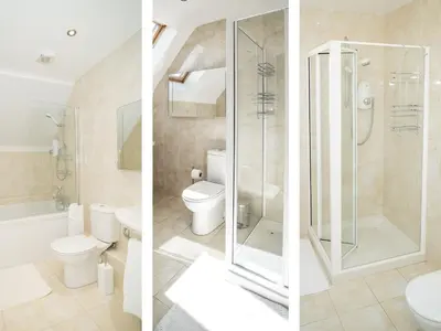 two pictures of a bathroom with a shower and a toilet at Corsewall Castle Farm Lodges in Stranraer