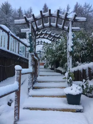 a wooden pergola in a garden covered in snow at Ramintoul Lodge in Glendevon