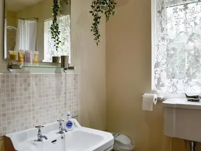 a bathroom with a sink and a toilet and a window at Haagwood Cottage in Cretshengan
