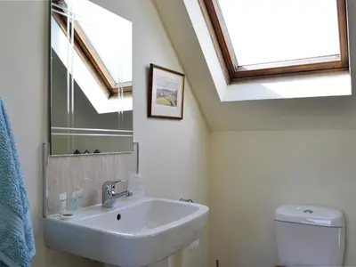 a bathroom with a sink and a toilet with skylights at The Brewers Cottage in Mauchline