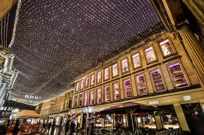 a building with a ceiling filled with christmas lights at Glasgow City Centre - The PENTHOUSE with RiverViews - (Duplex, 3 Bedrooms, 3 Bathrooms, 2 Living rooms/Kitchen, Private SKY Terrace, 2 Parkings, Top Floor, Huge - 2100 sq ft, SECC HYDRO) in Glasgow