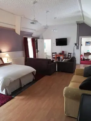 a bedroom with a bed and a couch and a tv at The Dunning Hotel in Perth
