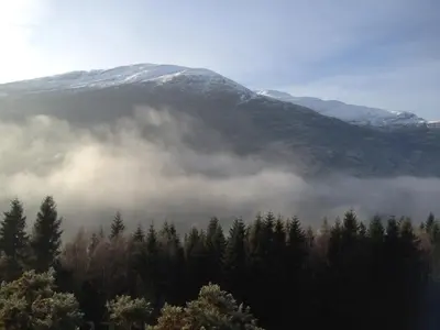a mountain shrouded in clouds with trees in the foreground at Gardeners Cottage in Chesthill