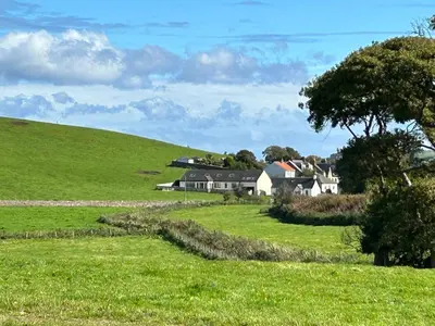 a field of green grass with houses on a hill at Inveroran in Campbeltown