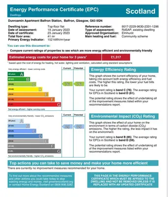a screenshot of the energy performance certificate efc document at Dunroamin Apartment in Drymen