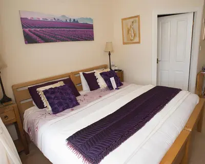 a bedroom with a large bed with purple pillows at Craig Park House in Airdrie