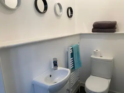 a bathroom with a white toilet and a sink at Carvetii - Edward House B - 2 Dbl bed 1st floor flat in Dunfermline