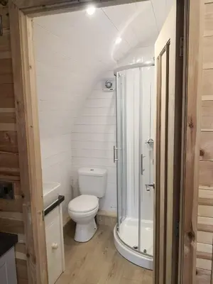 a bathroom with a toilet and a walk in shower at Pond View Pod 1 with Outdoor Hot Tub - Fife - Loch Leven - Lomond Hills in Kelty