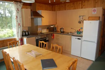 a kitchen with a table and a white refrigerator at Woodland Chestnut Lodge in Killin