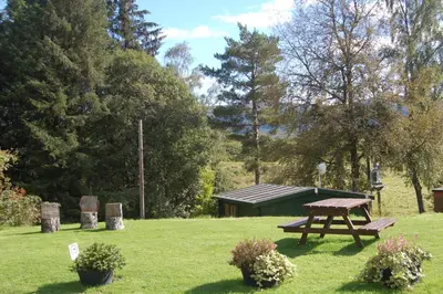 a park with a picnic table in the grass at Cosy Rowan woodland lodge no3 in Killin