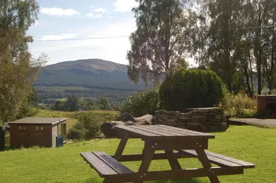 a picnic table in the grass with a mountain in the background at Cosy Rowan woodland lodge no3 in Killin