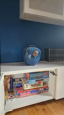 a shelf with books and a bowl on top of it at Beautiful self contained apartment with garden in Glasgow
