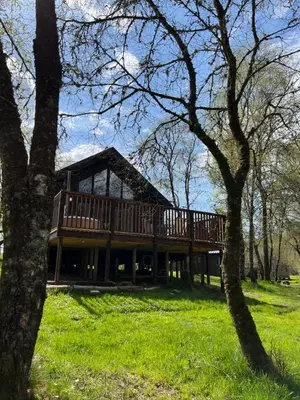 a large wooden house in the middle of trees at Fern Lodge in Dalavich