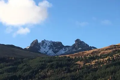 a view of a mountain with trees and snow at TwoStones Self Catering Cottage in Arrochar