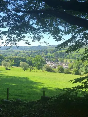 a field of green grass with a town in the distance at Fox Cottage in Moffat