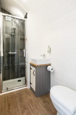 a bathroom with a shower and a toilet and a sink at Weedingshall Lodges in Falkirk