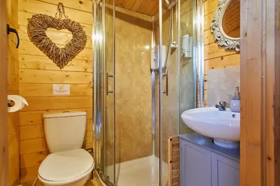 a bathroom with a toilet and a sink at 1-Bed Cabin 2 adults Wood Burning Hot Tub & Fire in Carluke
