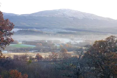 a misty valley with a mountain in the background at Woodland Spruce Lodge in Killin
