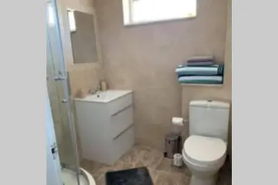 a bathroom with a toilet and a sink and a mirror at Creag Mhor Self Catering Holiday Apartment in Aberfoyle